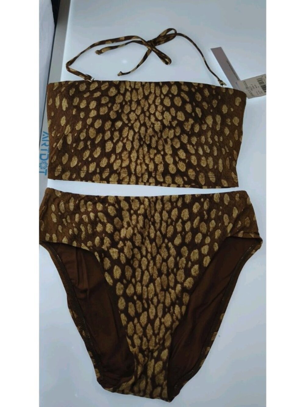 NWT Robin Piccone Bikini Set M Brown Gold Animal Print Bandeau Halter Top